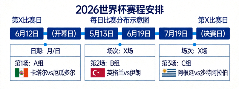 2026世界杯赛程安排示意图，展示每日比赛分布
