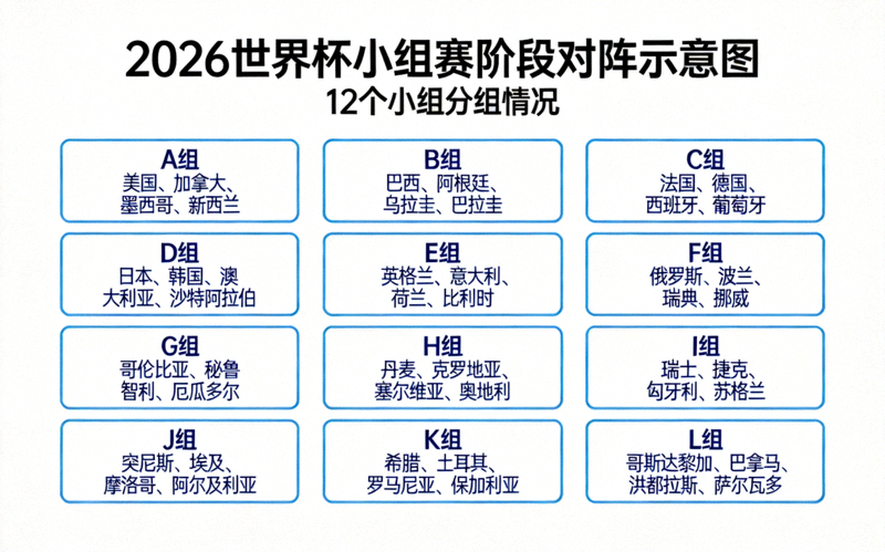 2026世界杯小组赛阶段对阵示意图，展示12个小组的分布