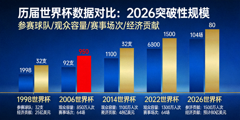 历届世界杯数据对比图表，展示2026世界杯的突破性规模